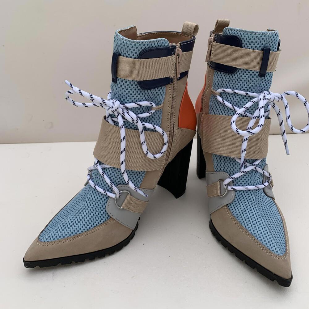 Steve Madden Illusion Pump Lace Up Boots Heels Womens Sz 8 Retro Y2k Orange Beig - Picture 9 of 13